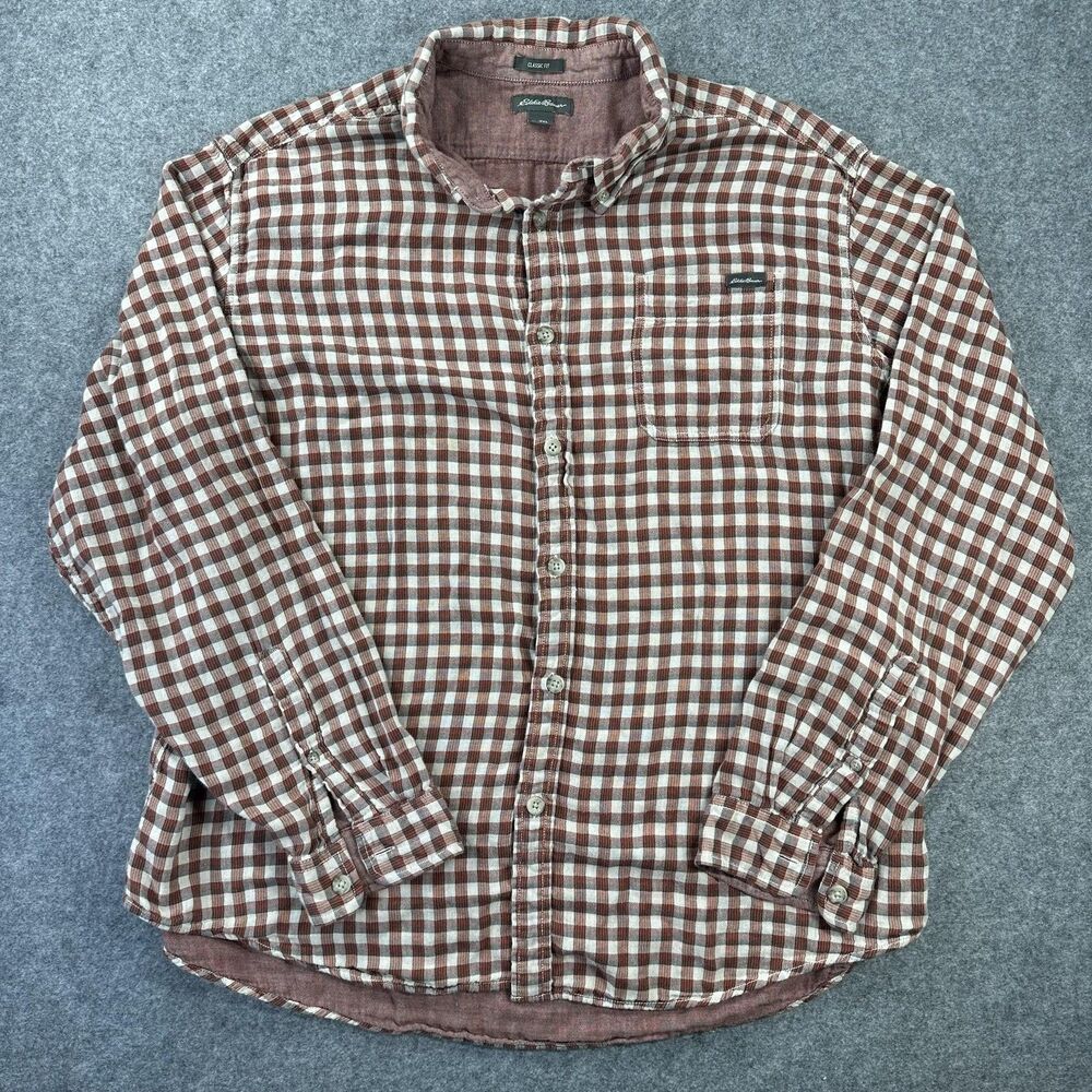 Eddie Bauer Shirt Mens 2XL Brown Check Long Sleeve Button Up Classic Fit Casual